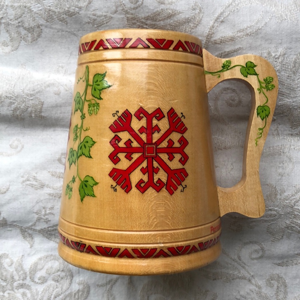 Wood Stein Painted Hops Mug Renaissance Festival Faire Garb Tankard Feast Gear